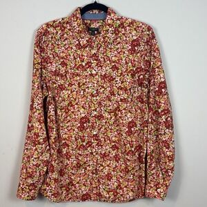 Talbots Womens Red Floral Lightweight Button Up Roll Tab Sleeve Blouse Petite 16